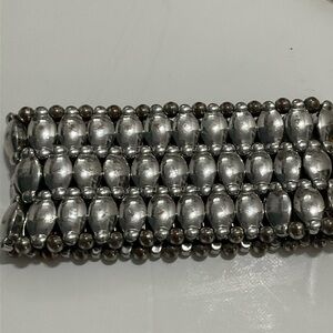 Silver Multi-Row Beaded Stretch Bracelet - Polished Metallic Finish